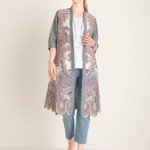Chico's Embroidered Scalloped-Hem Kimono Jacket  Size L/XL Pink/Grey/Silver NWT